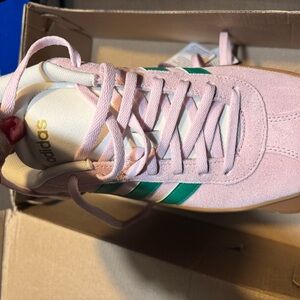 adidas VL Court Bold Pink Sneakers with Green Stripes and Gum Sole